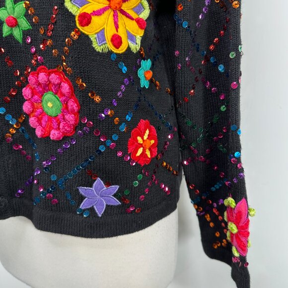 Berek Women’s Floral Button Front Black Cardigan Size L Sequins Embellished Vtg - Picture 9 of 13